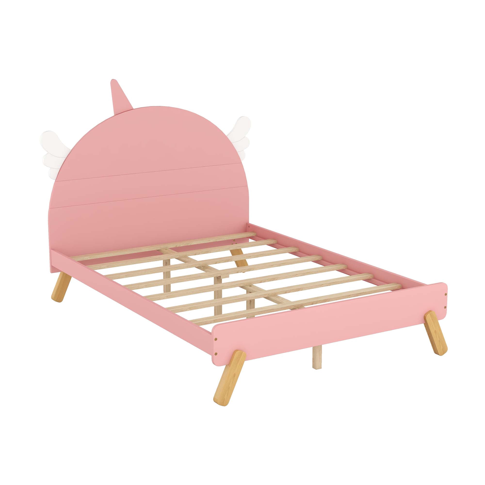 Aukfa Platform Bed with Unicorn Horn Headboard for Kids, Wood Full Size Bed Frame - Pink