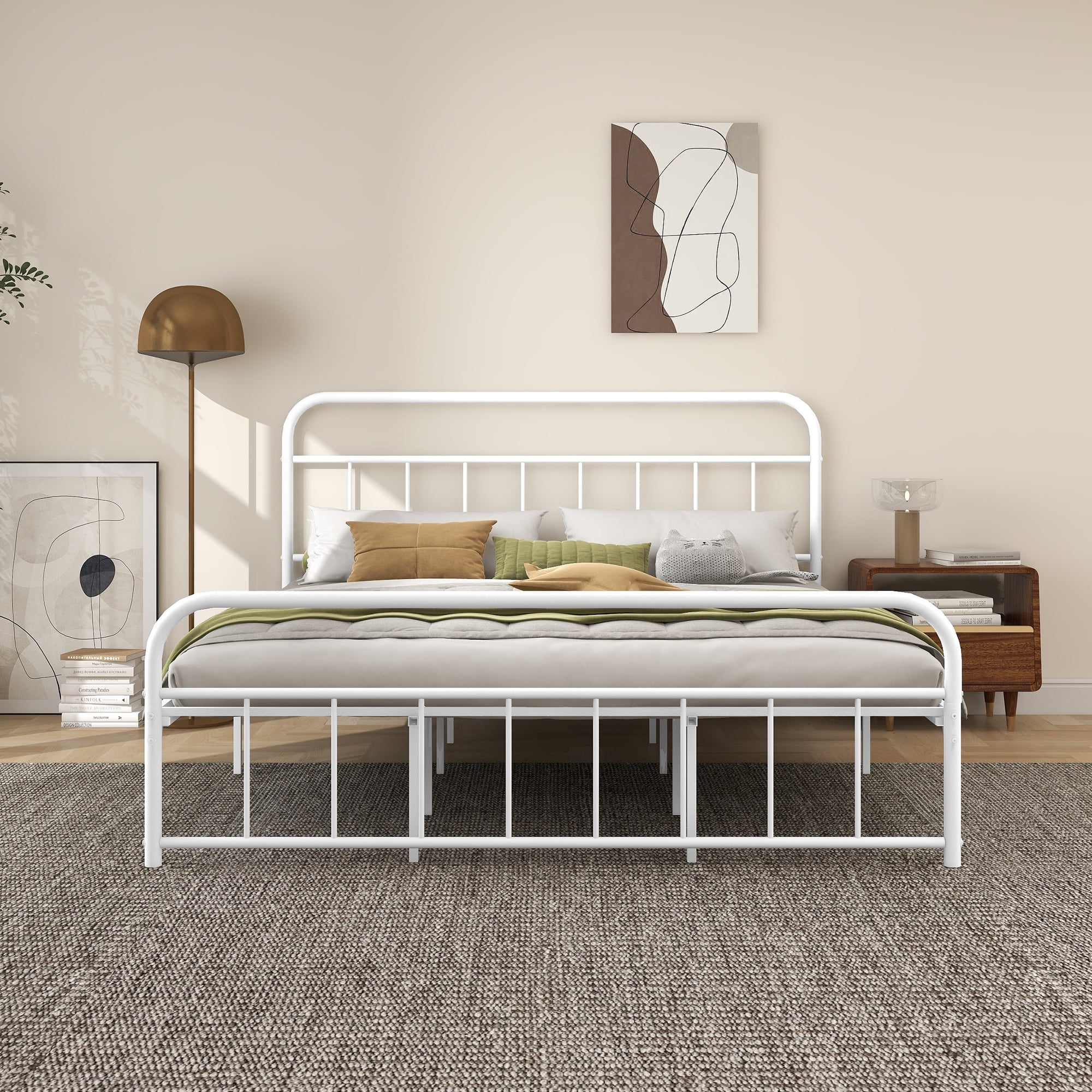 alazyhome Classic Metal California King Size Platform Bed Frame, White