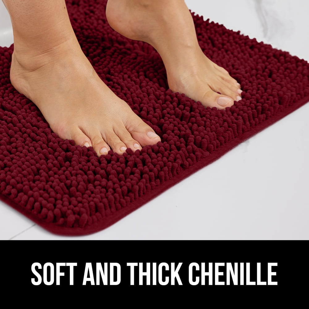 GORILLA GRIP Chenille Bath Rug 30x20, Rubber Backing Quick Dry Washable Microfiber Mats, Burgundy
