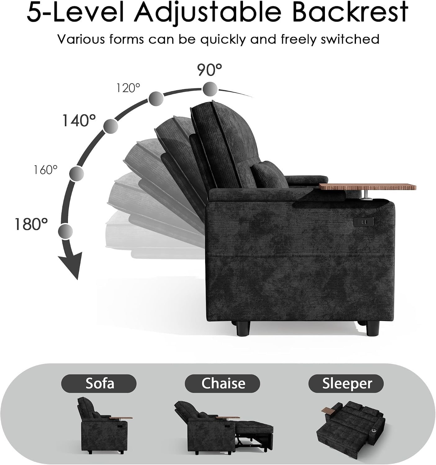 avobird 65" 3-in-1 Convertible Sofa Bed, Pull Out Loveseat with Chenille Fabric/Hidden storage space/Cup holder, Sleeper Sofa Bed for Living Room, Black