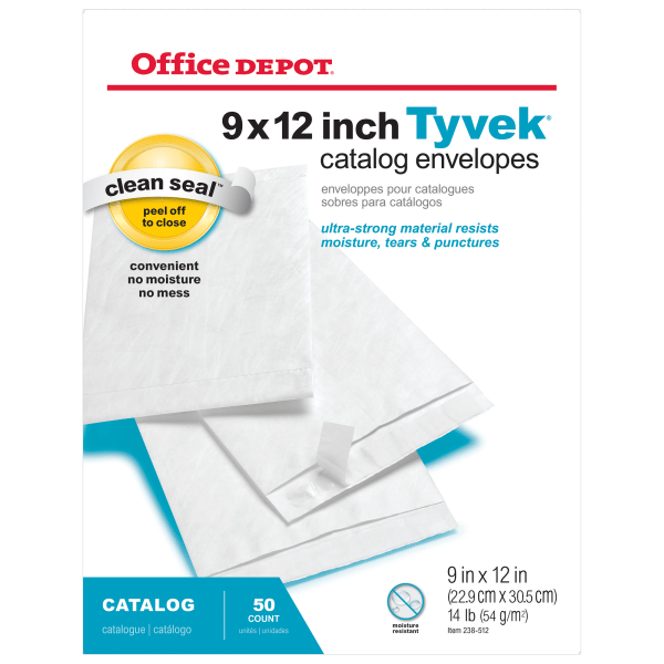 Office Depot Tyvek(R) Envelopes, 9in. x 12in., White, Pack Of 50, 79851