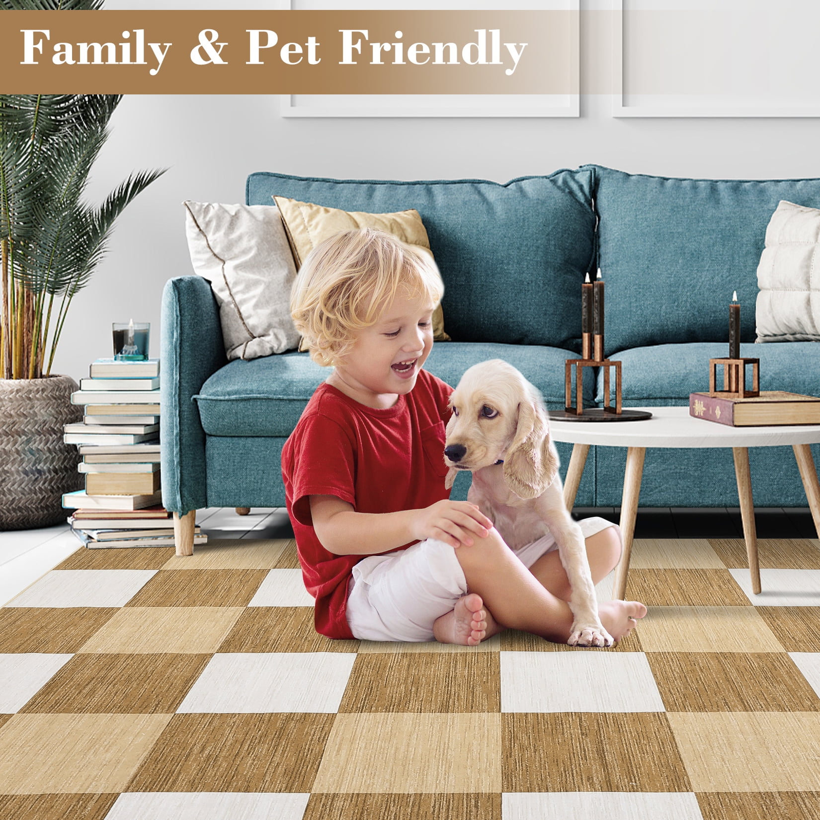 Garvee 5' x 7' Modern Geometric Area Rug Checkered Rug Washable Rugs Indoor Soft Foldable Accent Carpet, Tan