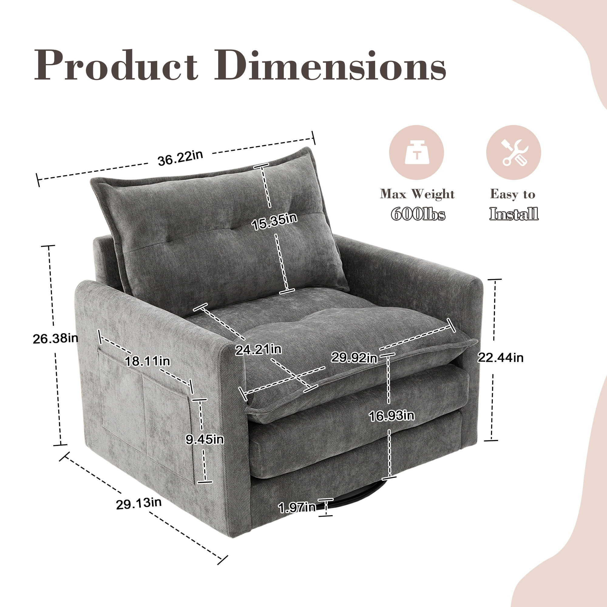 MOONMISS Chenille Upholstered 360°Degree Swivel Mid Century Modern Arm Chair for Living Room-Gray