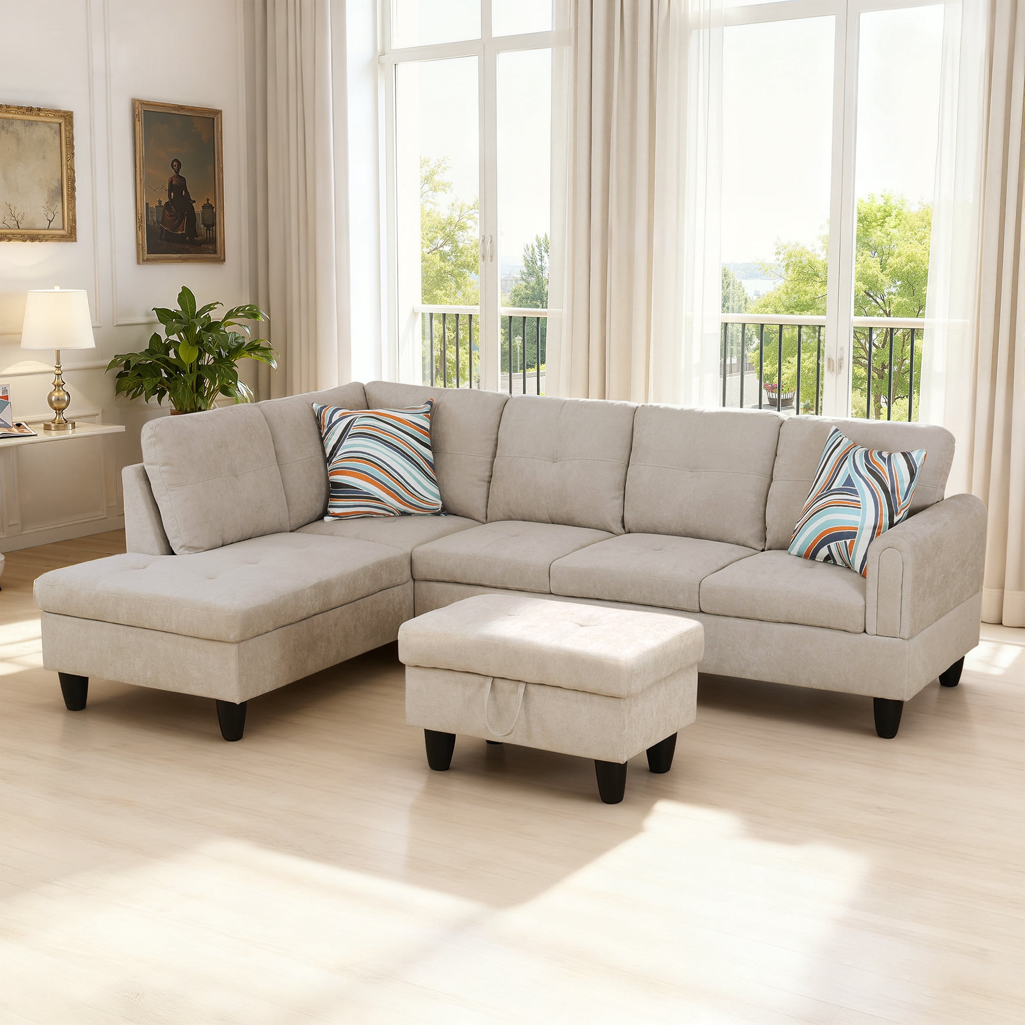 MAYEERTY 97" Modern Fluffy Fabric 3-Piece Couch Living Room Sofa Set，Light Gray