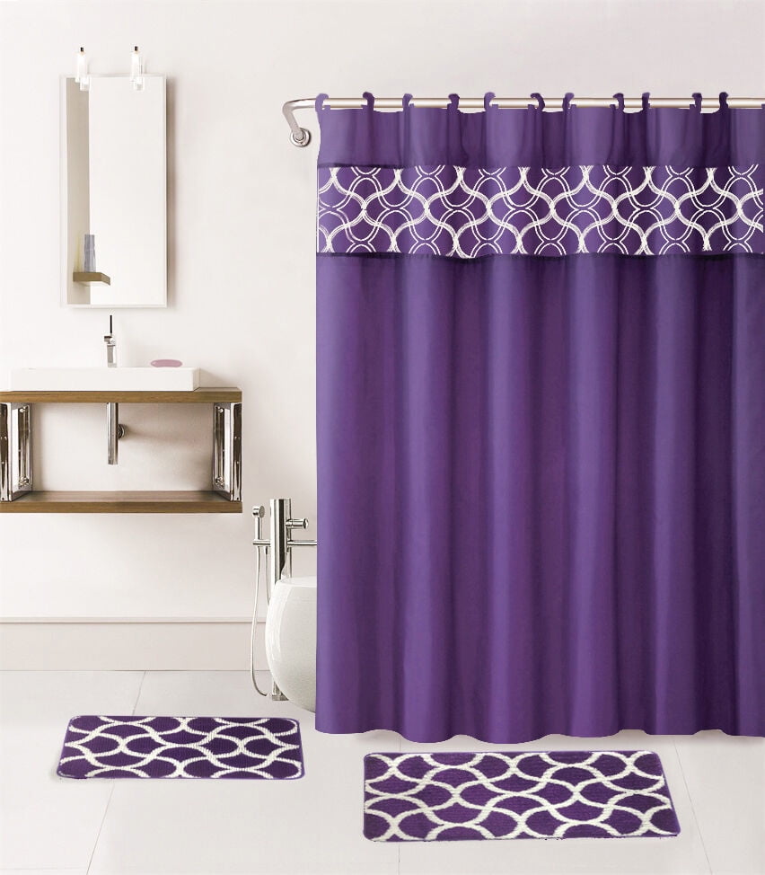 15-PC Geometric Purple HIGH QUALITY Jacquard Bathroom Bath Mat Set, Washable Anti Slip Large Rug 18"x30", Small Rug 18"x24" with Non-Skid Rubber Back, Shower Curtain and 12 Round Shower Hooks
