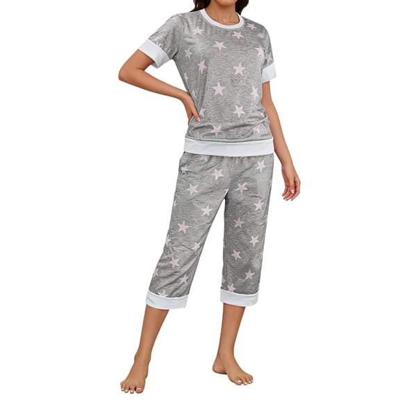 Njagoc3 Women's Short Sleeve & Capri Pajama Set - Gray & Ditsy Floral Print Cozy Everyday Home Wear