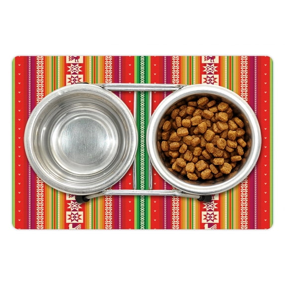 Colorful Pet Mat for Food and Water, South American Star Animal Motifs Vermilion and Lime Green Vertical Stripes, Non-Slip Rubber Mat for Dogs and Cats, 18" X 12", by Ambesonne