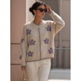 thumbnail image 5 of Women 3D Floral Applique Pearl Button Scalloped Trim Crew Neck Knit Cardigan Rice Color L, 5 of 9