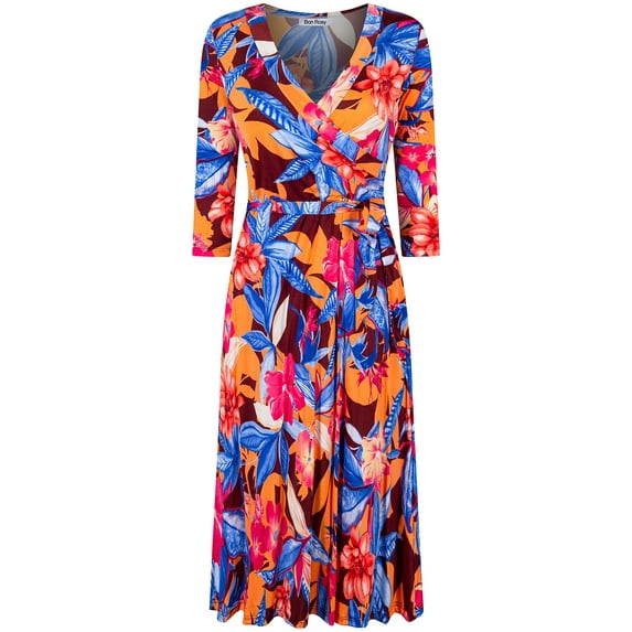 Bon Rosy, Women's, 3/4 Sleeve Faux Wrap Midi Dress Knee Length, Orange Red, L