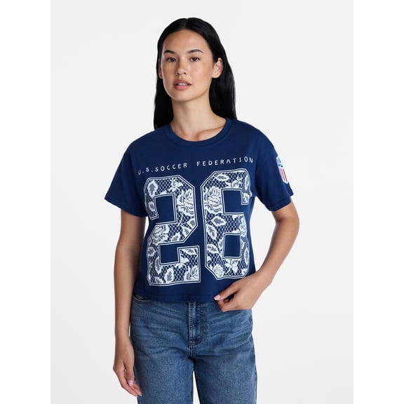 U.S. Soccer Federation Women's World Cup 2026 Lace Graphic Print Boxy Crop Tee, Sizes XXS-XXL