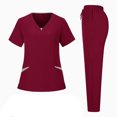 thumbnail image 2 of CIENVNSTG Nurse Uniforms Women Set V-Neck Short Sleeve Scrub Tops Soft Stretch Solid Color Unisex Workwear Wine L, 2 of 6