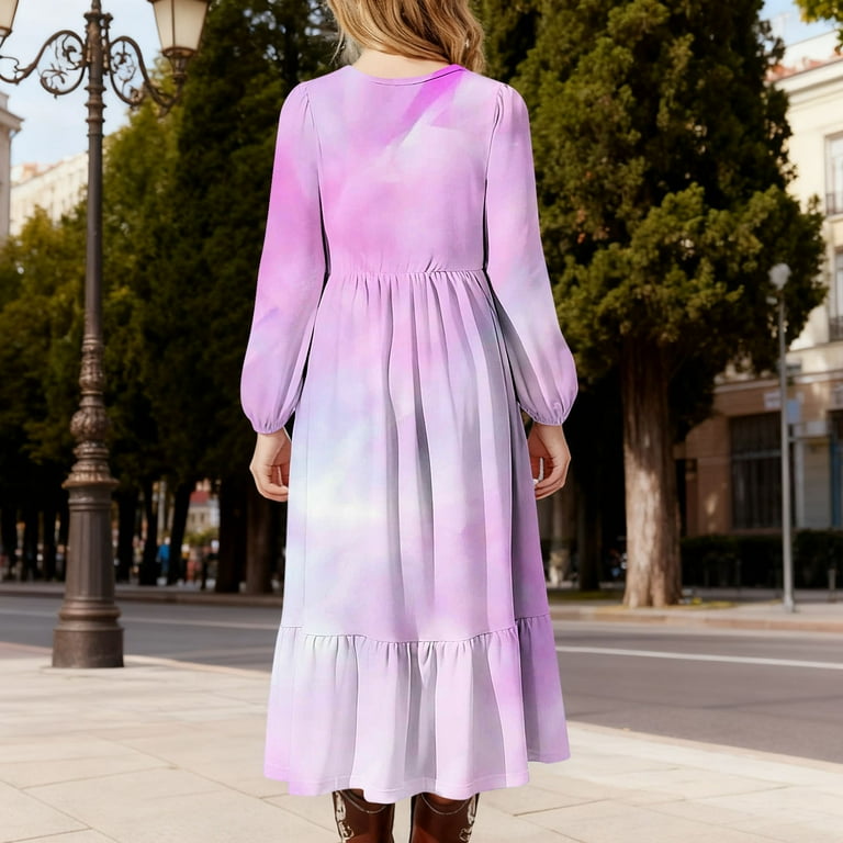 Girls A-Line Maxi Dress Gradient Printed Loose Crew Neck Long Sleeve Casual  Swing Dress with Pockets