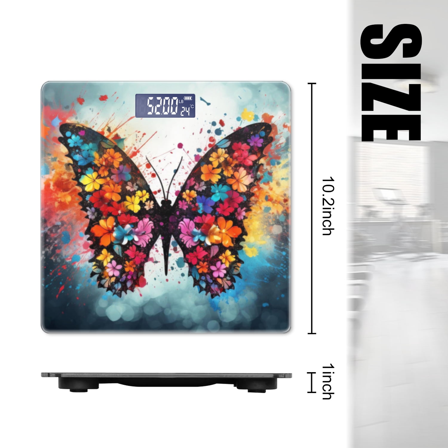 High Precision Body Weight Scale Smart Bathroom Scales with Large LCD Display(400lbs),Decorative for Bedroom-Colorful Butterfly Made Of Flowers With Splashes Of Paint