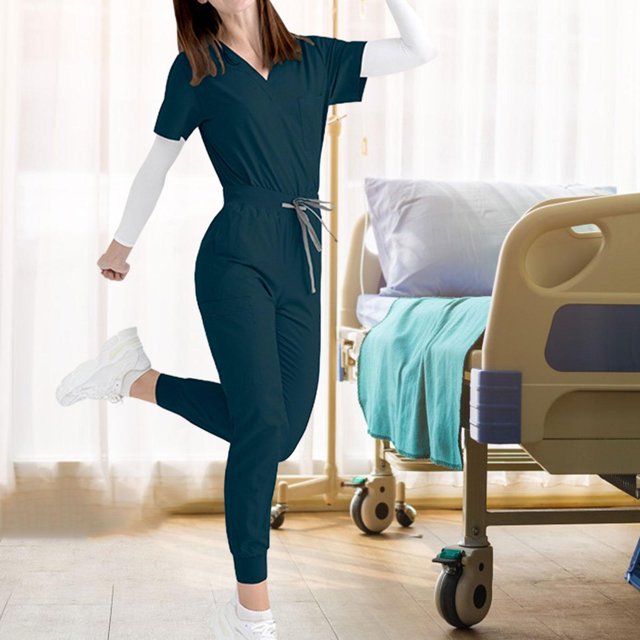 Conjunto de uniforme médico, trajes de trabajo, camiseta y pantalones de enfermera, uniforme médico de enfermería para mujer, ropa de trabajo de manga Azul