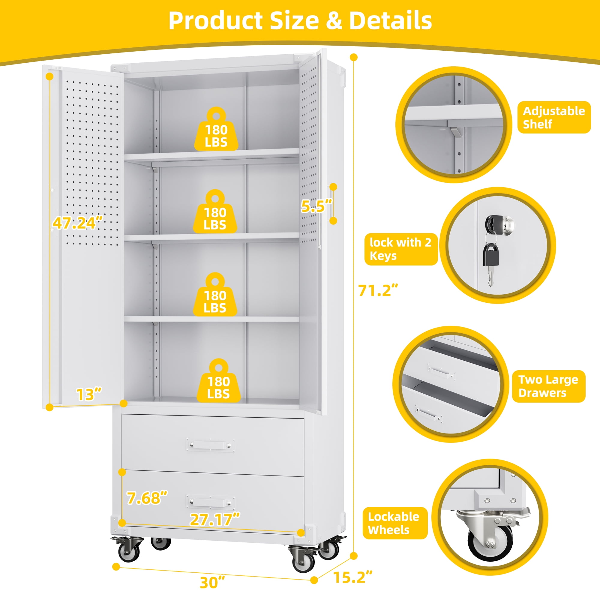 Aobabo Metal Gargae Cabinet with 2 Drawer & Pegboard, Lockable Storage Cabinet with Wheels, 3 Adjustable Shelves and Hooks, for Home, Office, Garage, Classroom, Assembly Required,White