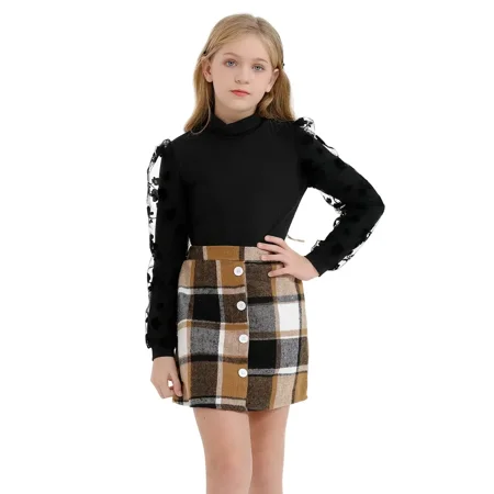

GEDER-F1 Girls Ribbed Knitted Turtleneck Long Sleeve Top + Plaid Skirt Set Kids Clothes