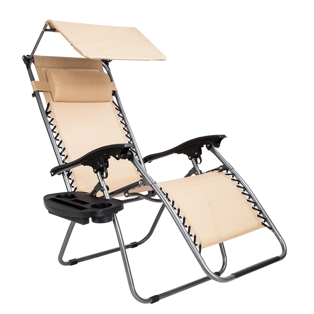 Folding Chair for Outside 1, Beige Adjustable Beach Chair with Canopy Sun Shade & Pillow Backrest Outdoor Folding Chairs Multipurpose Pool Foldable Lounge Chair