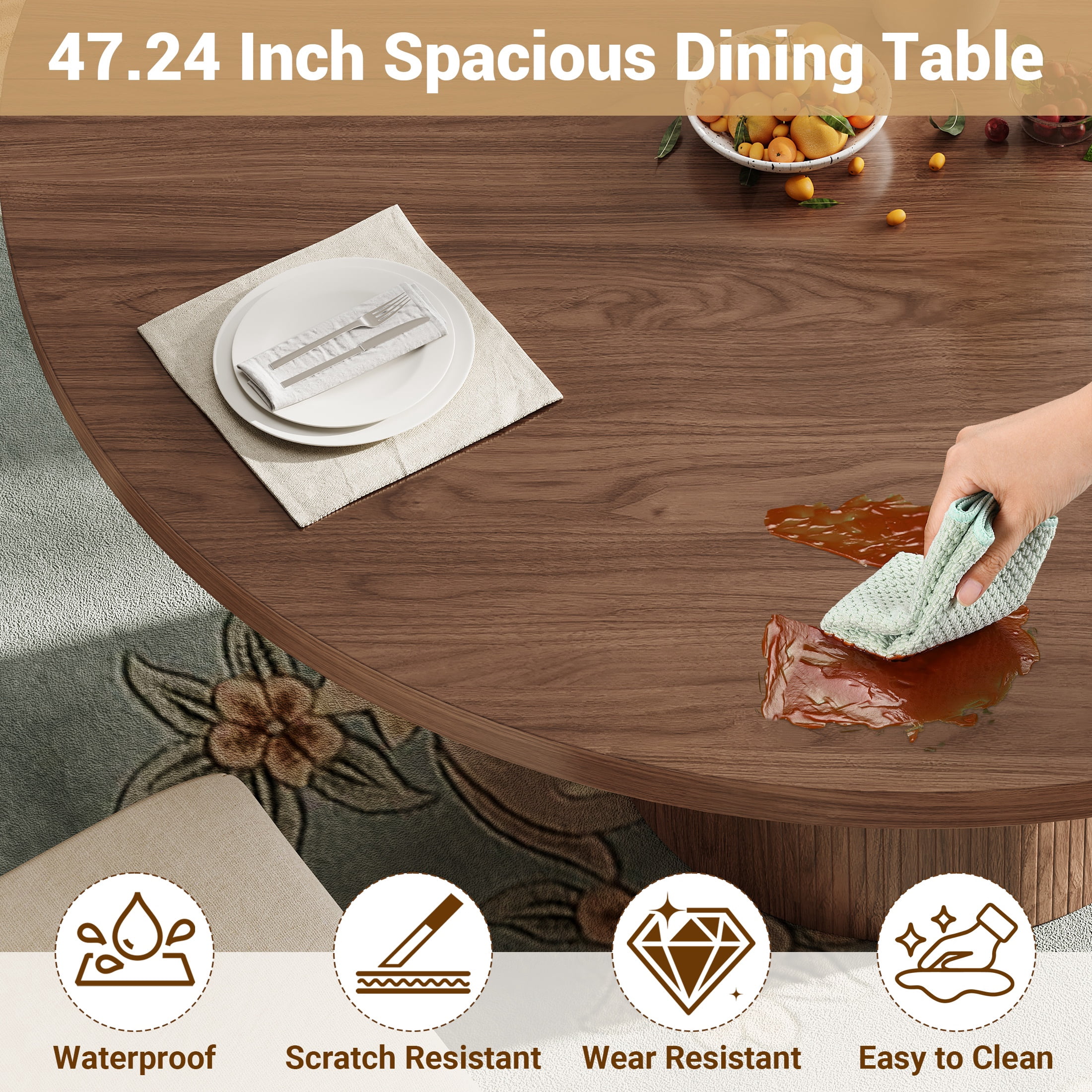 UHOMEPRO Round Dining Table, 47" Circle Kitchen Table for 4-6, Farmhouse Dining Room Table with Sturdy Wood Strip Base, Modern Dining Table for Dining Room Living Room, Walnut(Only Table)