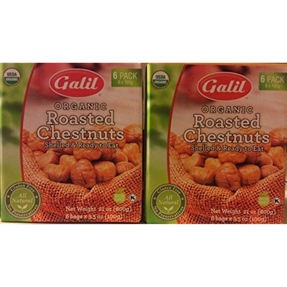Galil Organic Whole Roasted Chestnuts Shelled, &Ready to eat 6 pack ( 2 PACK ) Total Of 12 Bags 3.5oz Each