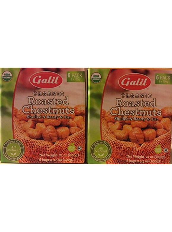 Galil Organic Whole Roasted Chestnuts Shelled, &Ready to eat 6 pack ( 2 PACK ) Total Of 12 Bags 3.5oz Each
