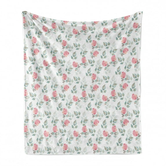Floral Soft Flannel Fleece Throw Blanket, Rose Petals Blossoms Romantic Plants Wedding Love Hazy Watercolor Print, Cozy Plush for Indoor and Outdoor Use, 60" x 80", Pale Pink Turquoise, by Ambesonne