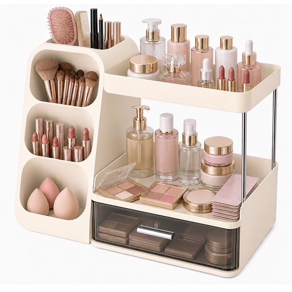 Findosom Makeup Organizer with Brush Holder for Vanity, 3-Tier Plastic Bathroom Counter Storage, Clear Drawer Cosmetic Display Case for Lipstick Nail Polish Perfume Eyeshadow Palettes (Cream)