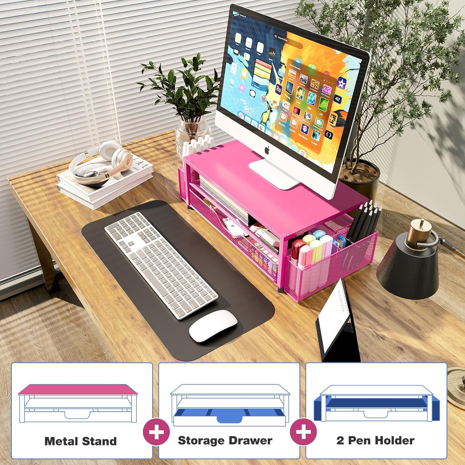 A house of tools Desk Organizer and Accessories, 2-Tier Computer Monitor Stand with Drawer and 2 Pen Holders, Office Desk Accessories for Office Supplies, Carmine Rose