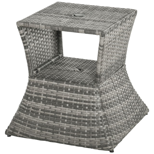 Mixed Grey Rattan Side Table - 21.3" Square Outdoor End Table with Umbrella Hole & Storage for Patio, Garden & Balcony Furniture