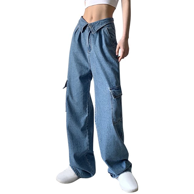 Pantalones con pata elefante Gibobby mujer puños en forma de V cintura Bolsillo Panel Chic rectos estéticos lindos Blue S