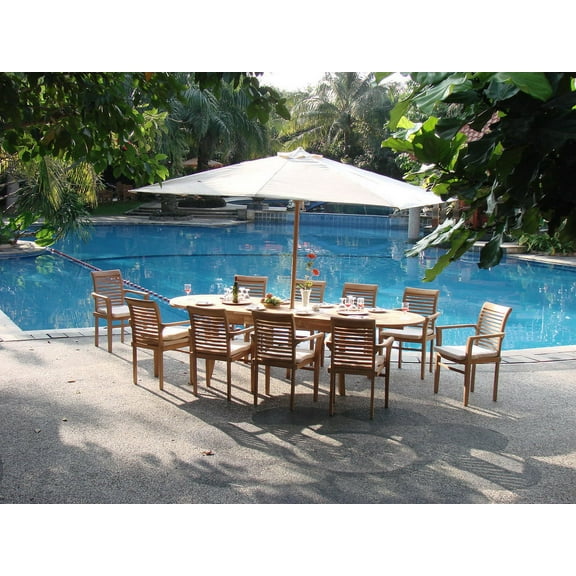 Teak Dining Set:10 Seater 11 Pc - Large 117" Oval Table And 10 Mas Stacking Arm Chairs Outdoor Patio Grade-A Teak Wood WholesaleTeak #WMDSMSi