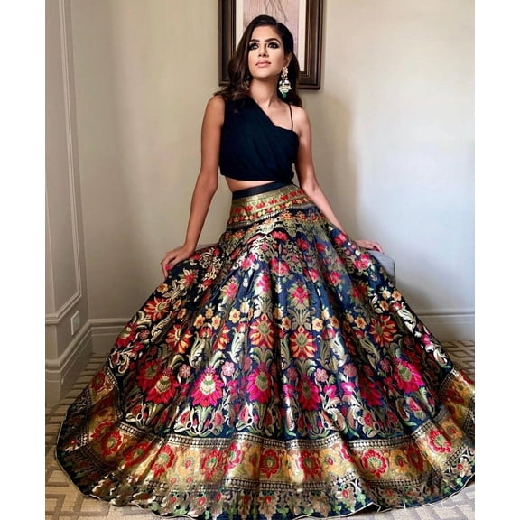 ReadyToWearshop, Black banarasi silk lehenga choli for women in USA, Semi Stitched