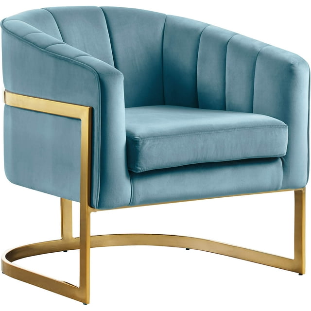 Meridian Furniture Carter Collection Fauteuil d'Appoint Moderne / Contemporain Rembourré en Velours à Dossier Tonneau avec Base en Acier Inoxydable Doré, Aqua, 29 Pouces L x 27.5 Pouces P x 31 Pouces H