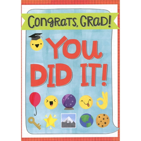 Designer Greetings You Did It: Yellow Smiley Faces, Red Balloon, Purple Globe, Key and Star on Blue Graduation Congratulations Card for Junior High