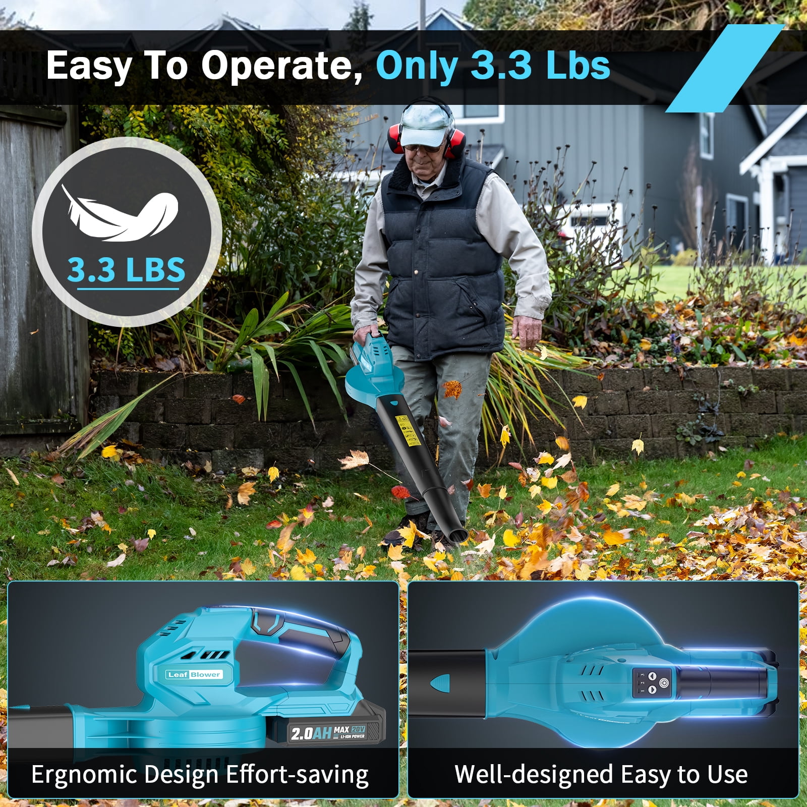 Cordless Leaf Blower - 20V Electric Leaf Blower with 2 X 2.0Ah Batteries and Charger, 3 Speed Mode, Lightweight Battery Powered Leaf Blowers for Lawn Care, Blowing Leaves and Dust, etc.