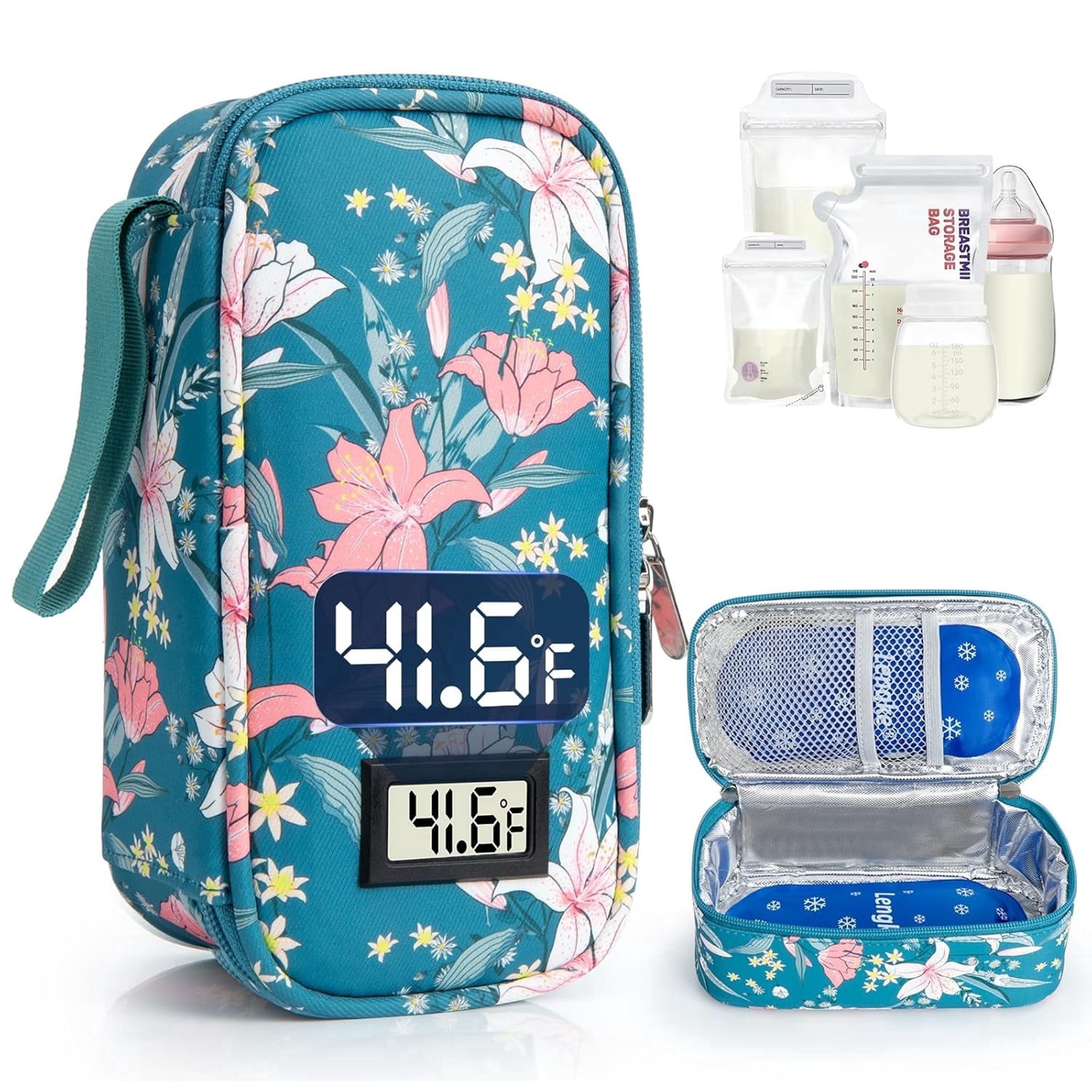 AOMRCOL Breast Milk Cooler Travel Bag, Real-Time Temperature Display, Holds 4-6 Breastmilk Storage Bag with 2 Breast Milk Ice Pack, Cooling & Waterproof Portable Cooler for Moms on The Go(Lily)