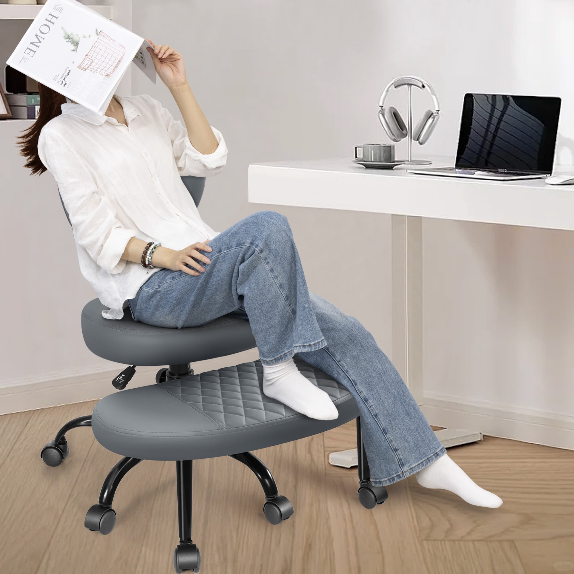Primy Ergonomic Cross Legged Office Chair, ADHD Meditation Yoga Chair with Back Support, Adjustable Height Kneeling Chair for Adults with Wide Seat