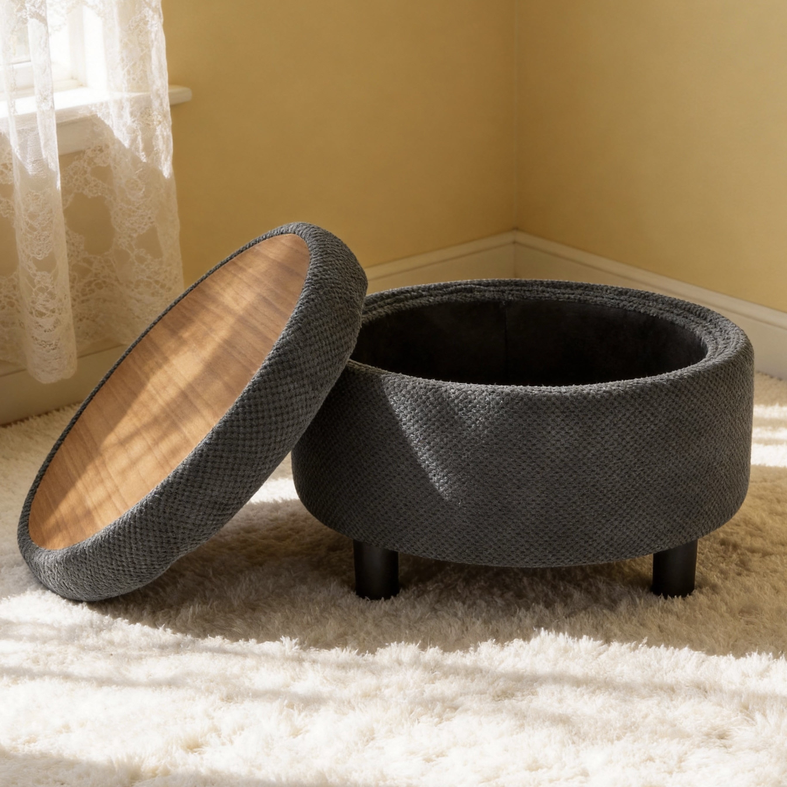 Leumius Storage Ottoman Bench,Round Coffee Table Ottoman,Wooden Top Side Table with Hidden Storage for Living Room,Bedroom,DARK GREY