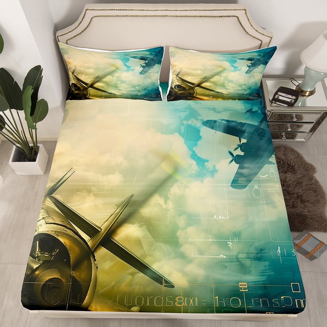 YST Army Airplane Fitted Sheet for Soldiers Boys Girls Aircraft Print Bedding Set, Vintage Retro World War II Bed Sheets Fighter Plane Air force Theme Sheets Queen 3 Pieces