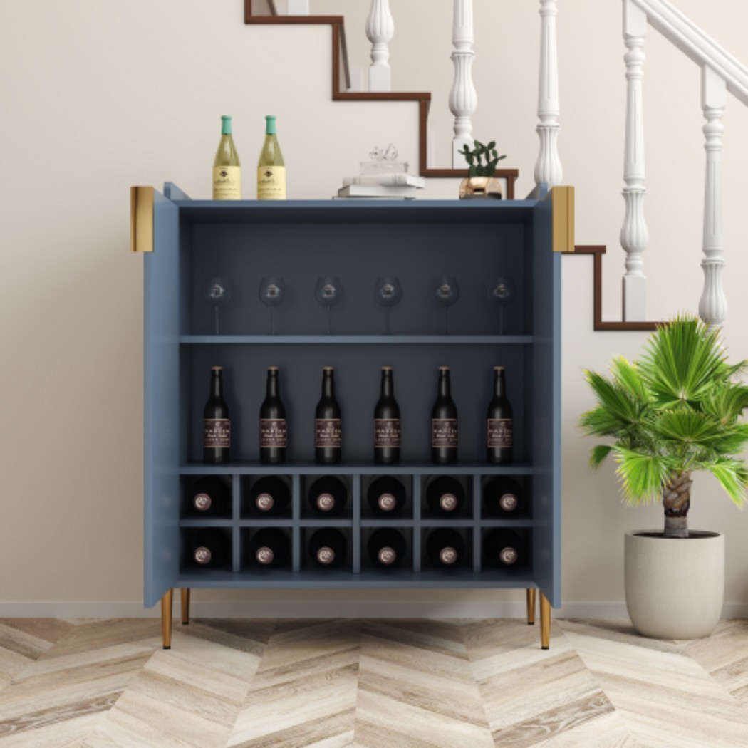 Wine Bar Cabinet, 2-Door Liquor Cabinet with 12-Bottle Wine Rack, Adjustable Shelf & Soft-Close Hinges, Sideboard Buffet Cabinet for Dining Room, Kitchen & Living Room, Blue