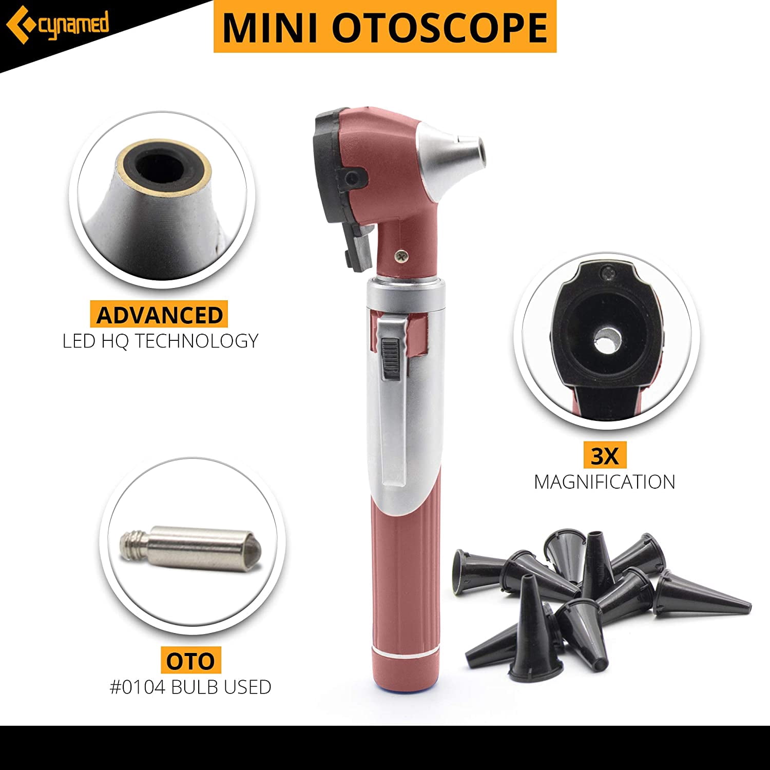 Cynamed Mini Otoscope - Portable Ear Light and Exam Kit for Home and Professional Use - 4X Magnifying Fiber Optic Scope with Spare Tips, Bulb, and Carrying Case - Pocket Diagnostic Equipment (Maroon)