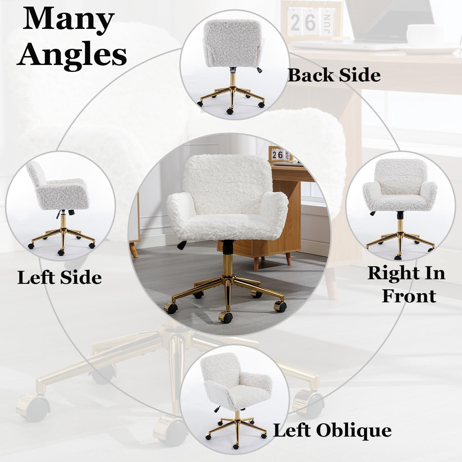 JESTOP Furry Cute Office Chair, Modern Swivel Desk Chair with Wheels, Adjustable Makeup Vanity Chairs with Back, Upholstered Rolling Chairs for Vanity Makeup Room Study Indoor