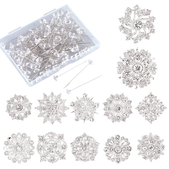 112Pcs Wedding Bouquet Brooches Flower Head Straight Pins Silver Bling Floral Corsages Boutonniere Jewelry Pin Set Bouquets Accessories