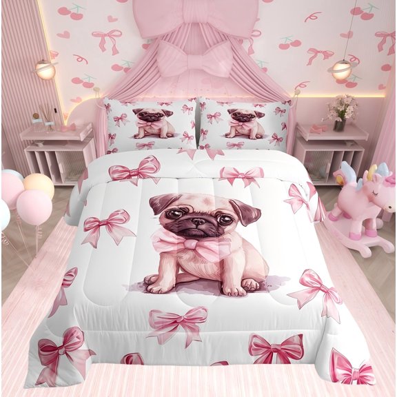 Erosebridal Pet Pug Bedding Twin Comforter Set, Kawaii Dog Down Comforter, Princess Style Decor, Reversible 2pcs