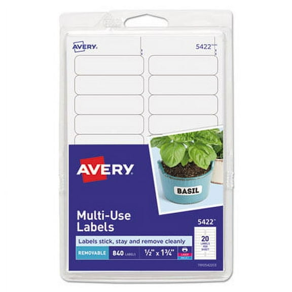 Avery-1PK Removable Multi-Use Labels, Inkjet/Laser Printers, 0.5 x 1.75, White, 20/Sheet, 42 Sheets/Pack, (5422)