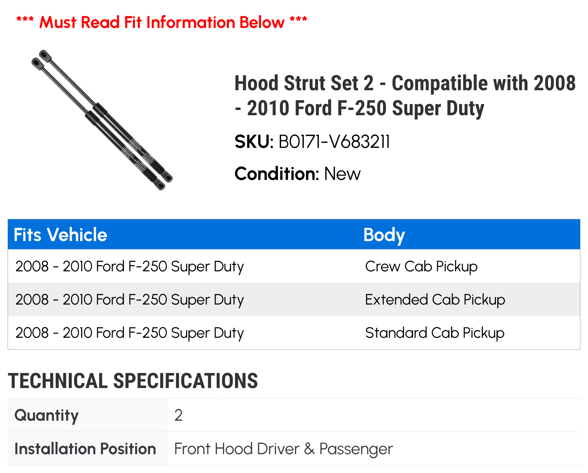 Hood Strut Set 2 - Compatible with 2008 - 2010 Ford F-250 Super Duty - Autopart Premium