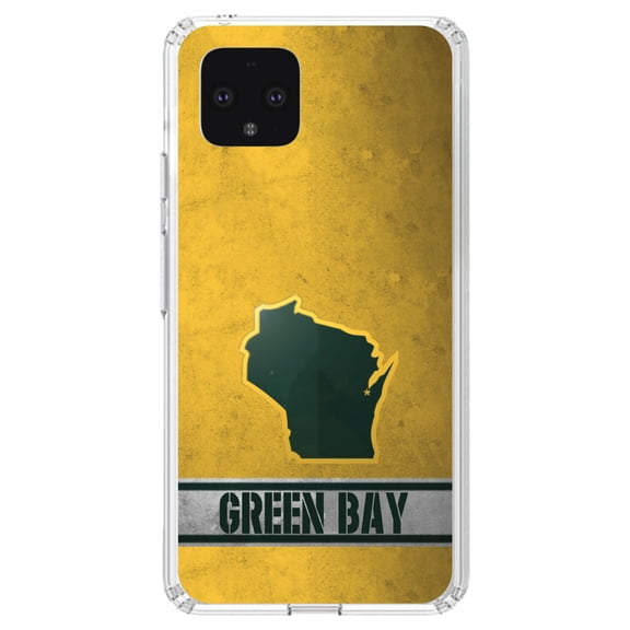 DistinctInk Clear Shockproof Hybrid Case for Google Pixel 4 XL (6.3" Screen) - TPU Bumper, Acrylic Back, Tempered Glass Screen Protector - Green Bay Wisconsin - Football Team