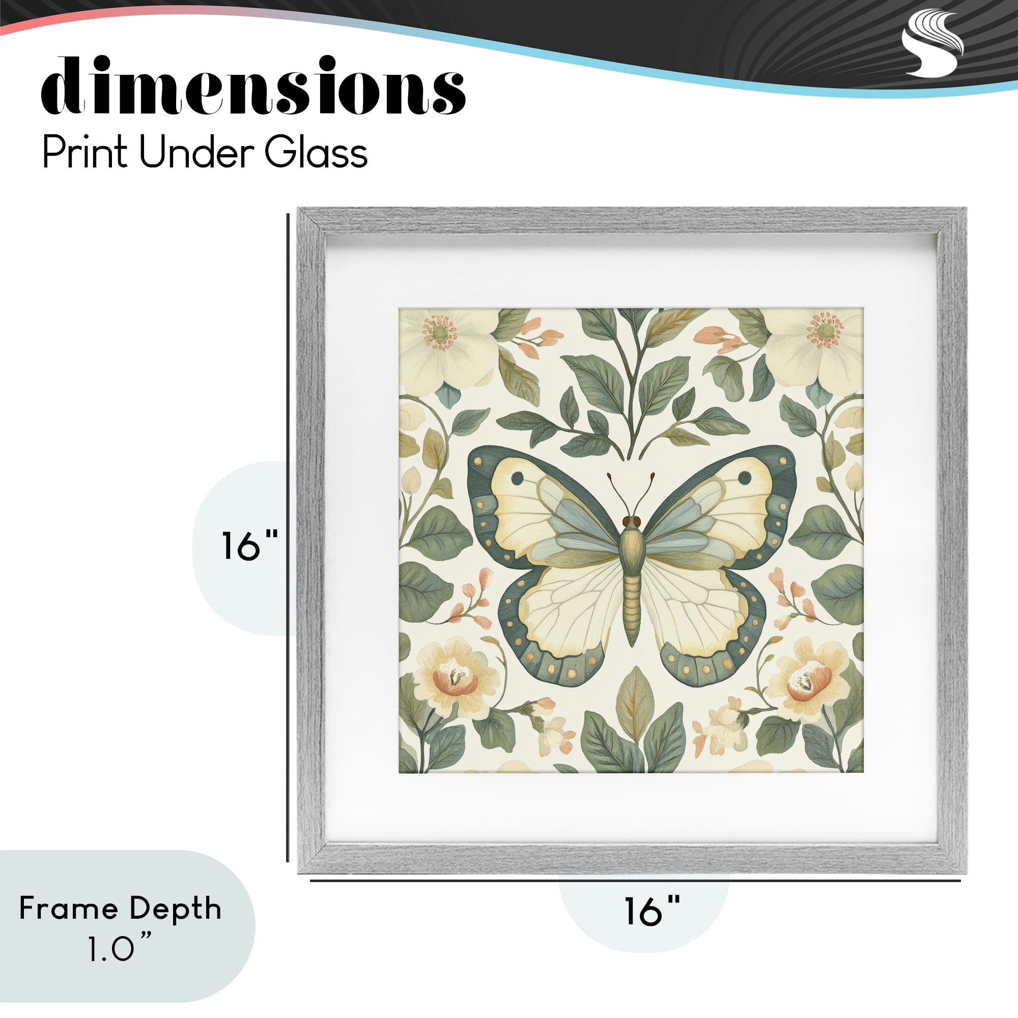 Stupell Industries Sage Butterfly and Florals Gray Framed Print Under Glass, design by Petal Prints Design