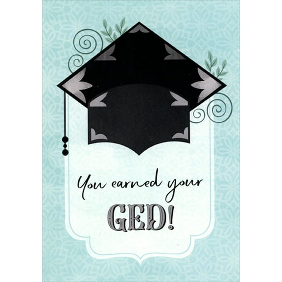 Designer Greetings You Earned Your GED: Black and Gray Cap on Light Blue Graduation Congratulations Card