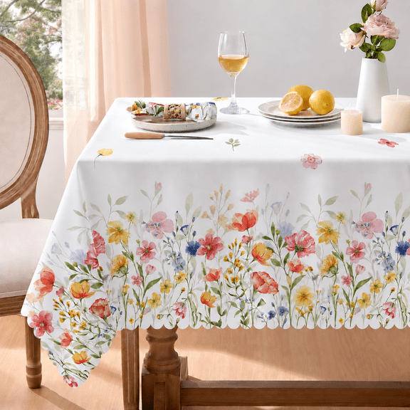 Odenmar 60 x 120 Inch Rectangular Tablecloth Watercolor Wildflower Polyester Fabric Cover for Dining Kitchen Party Picnic Farmhouse Home Decor Everyday Use
