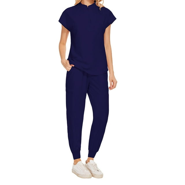 Uniformes de enfermería, ropa de trabajo, atención médica con bolsillos, uniformes médicos, uniformes médicos para mujeres Azul oscuro XXL